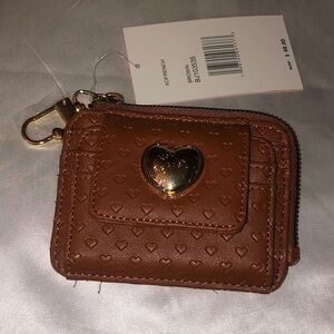 Betsey Johnson L-Zip French Card Wallet Brown With Dainty Embossed Hearts NWT